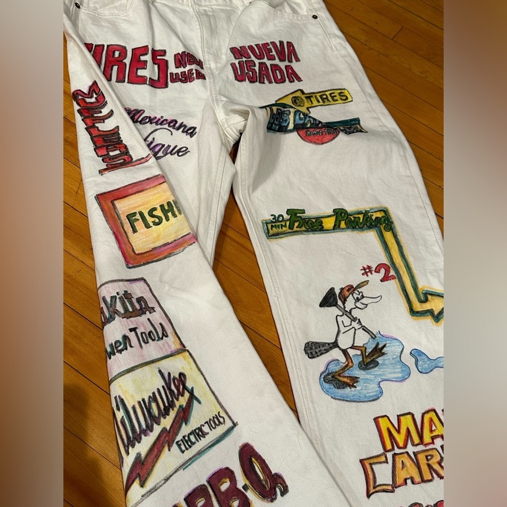 Hand-painted Vintage Los Angeles Signs on White High-Waisted Straight leg Jeans